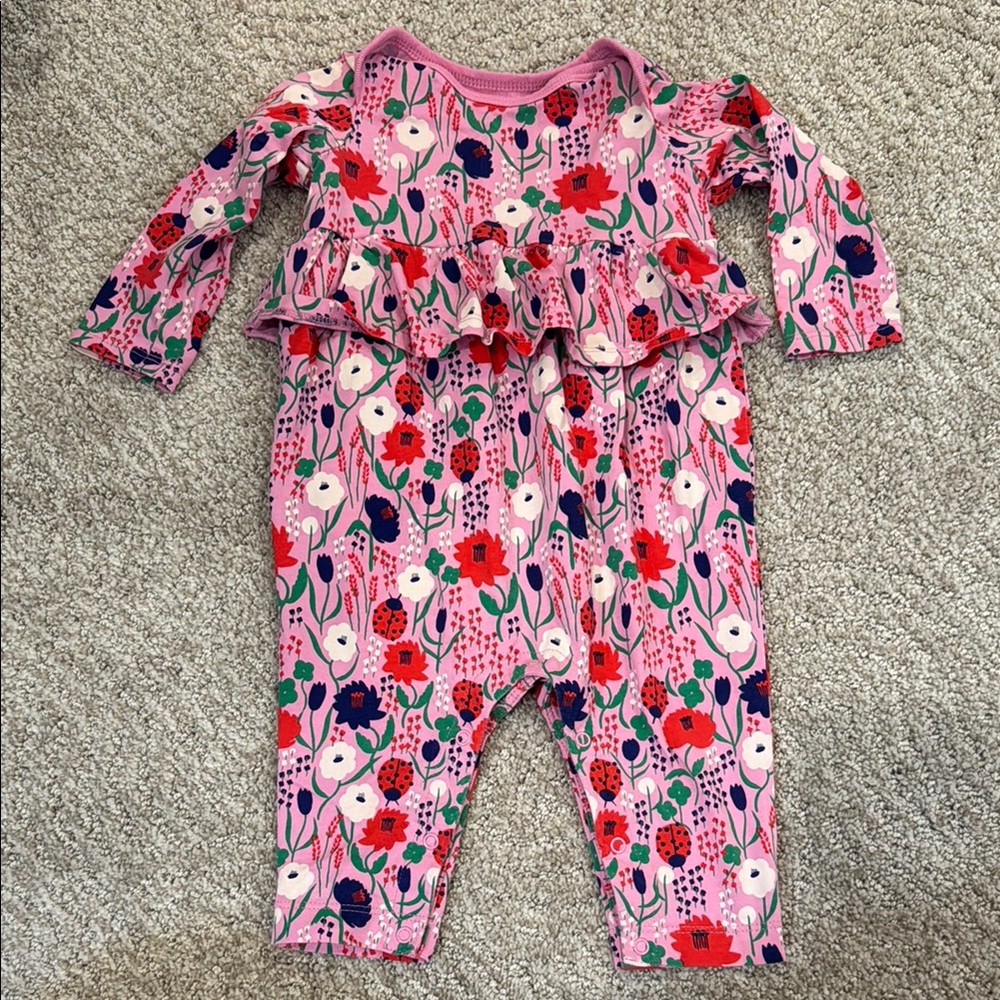 Tea collection 3-6 mo girls Floral Pink Ruffle ladybug Baby Romper